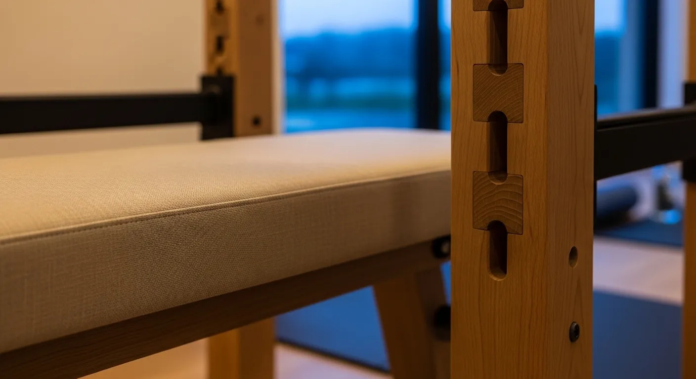 Minimalist fitness equipment and storage solutions in a beige modern home gym