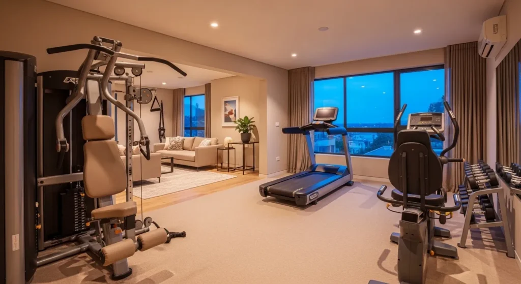 Minimalist home gym featuring beige walls, light wood flooring, and modern workout equipment