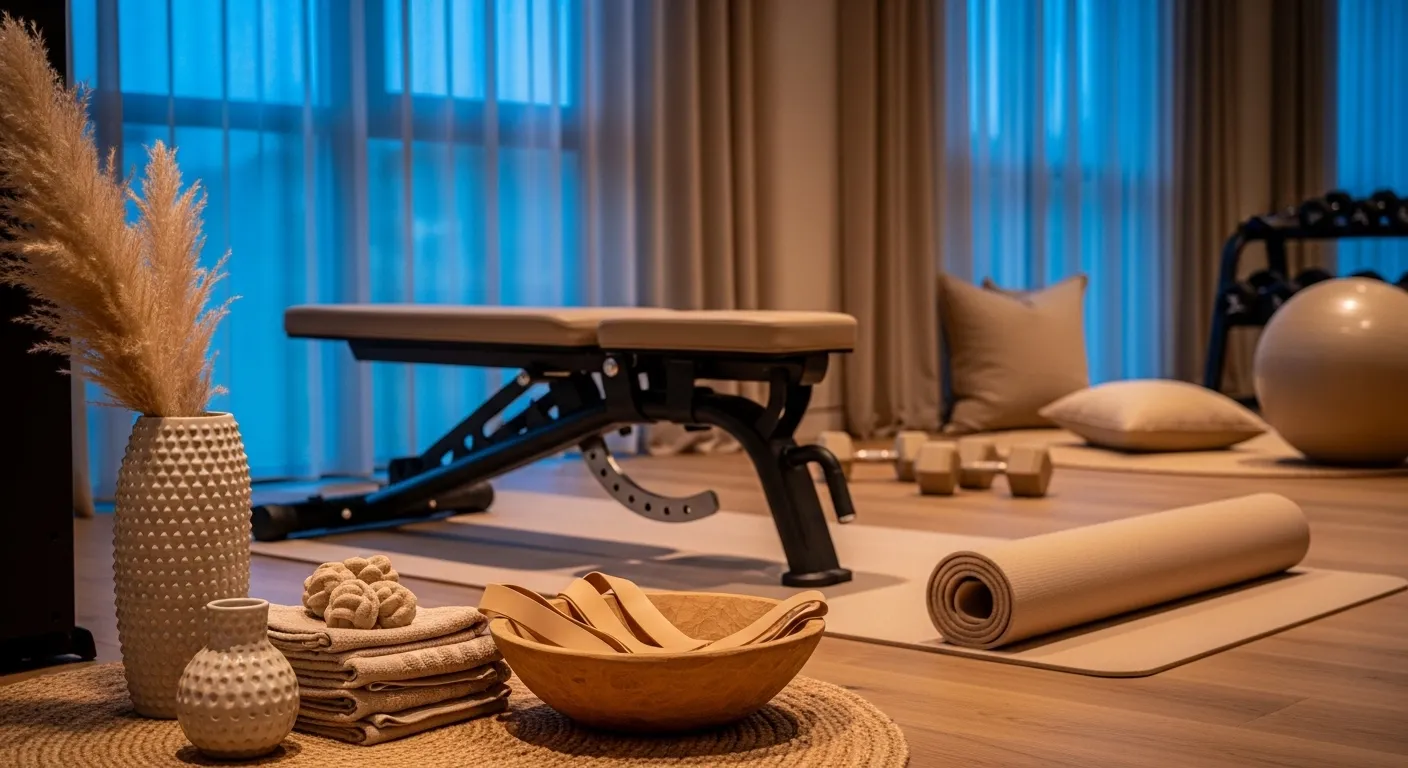 Modern home gym color palette showcasing beige walls paired with warm wood and black accents