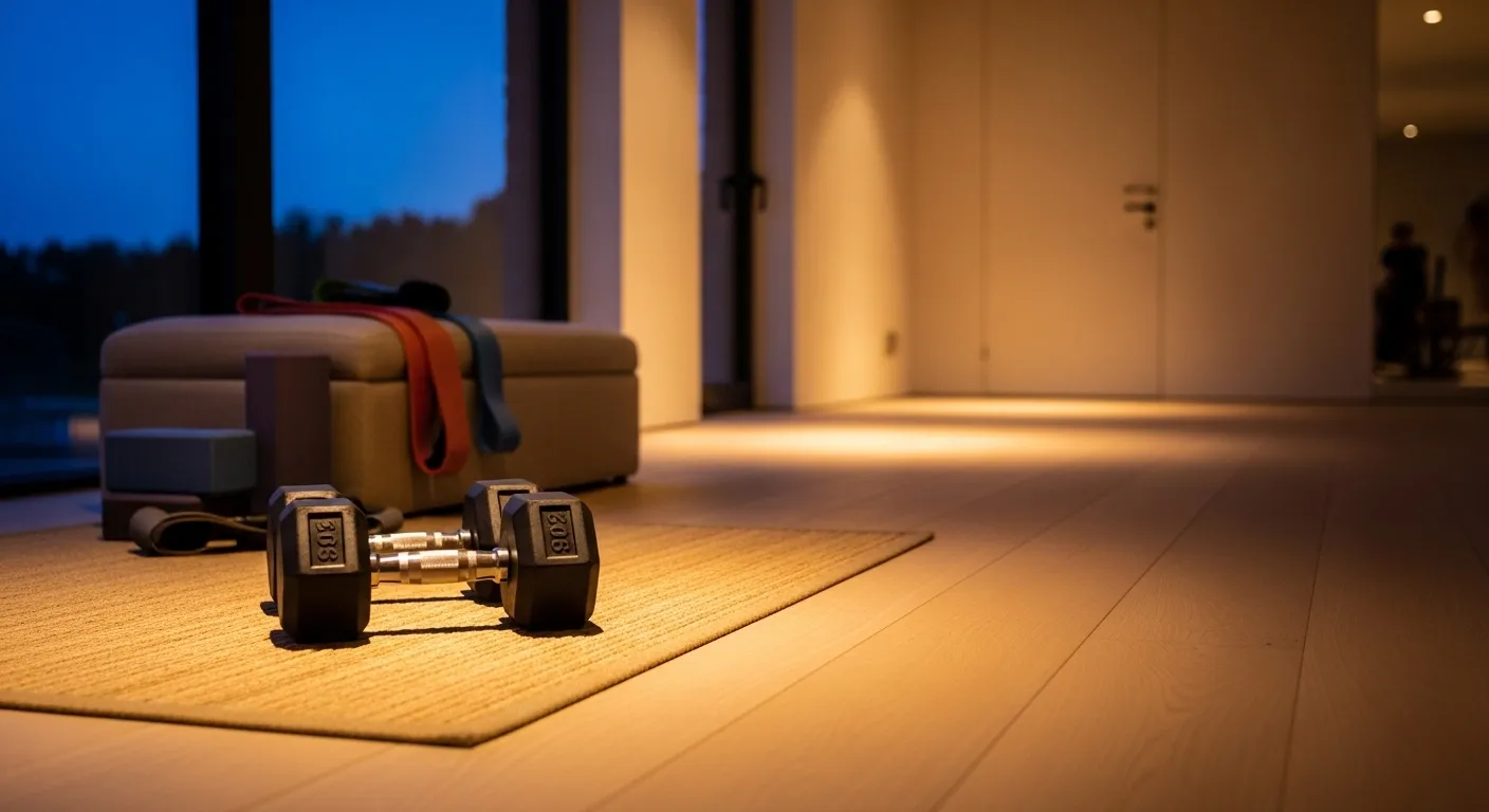Modern home gym renovation featuring fresh beige paint and wood accents