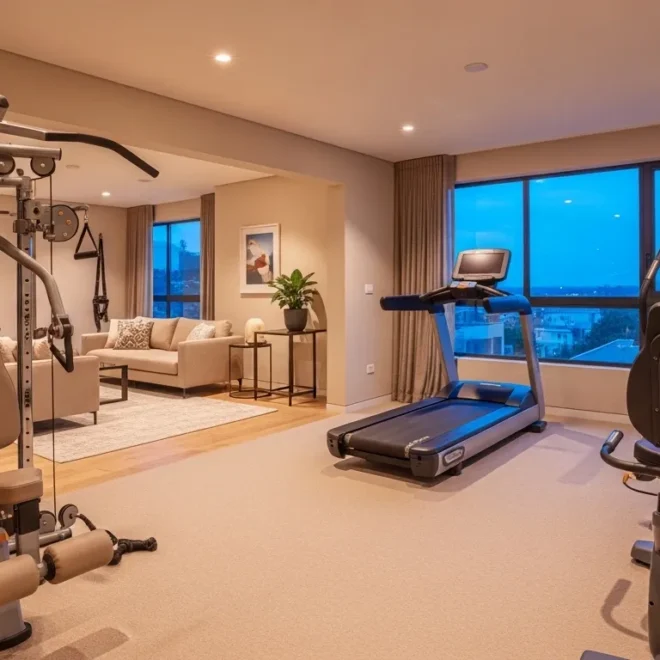 Minimalist home gym featuring beige walls, light wood flooring, and modern workout equipment