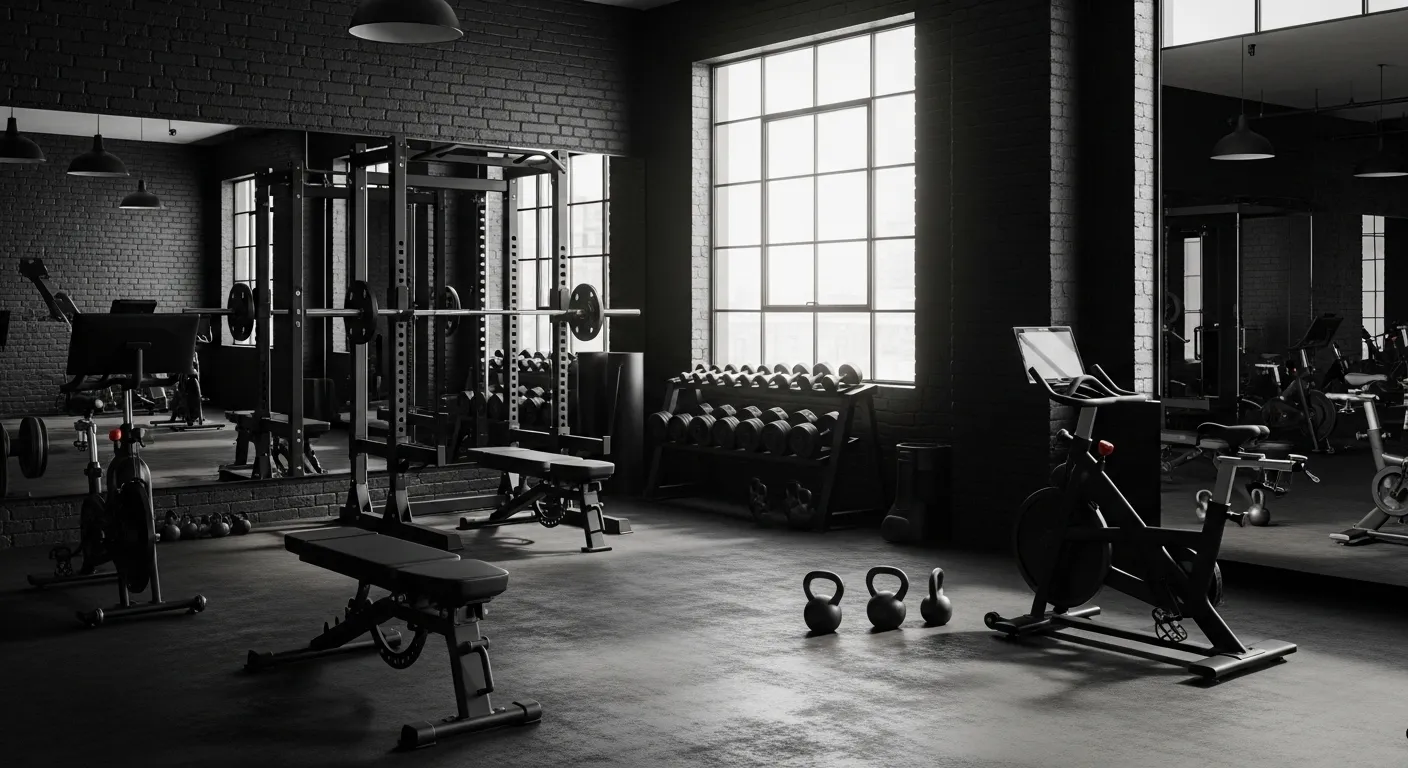 Sleek black home gym featuring industrial metal equipment and moody lighting