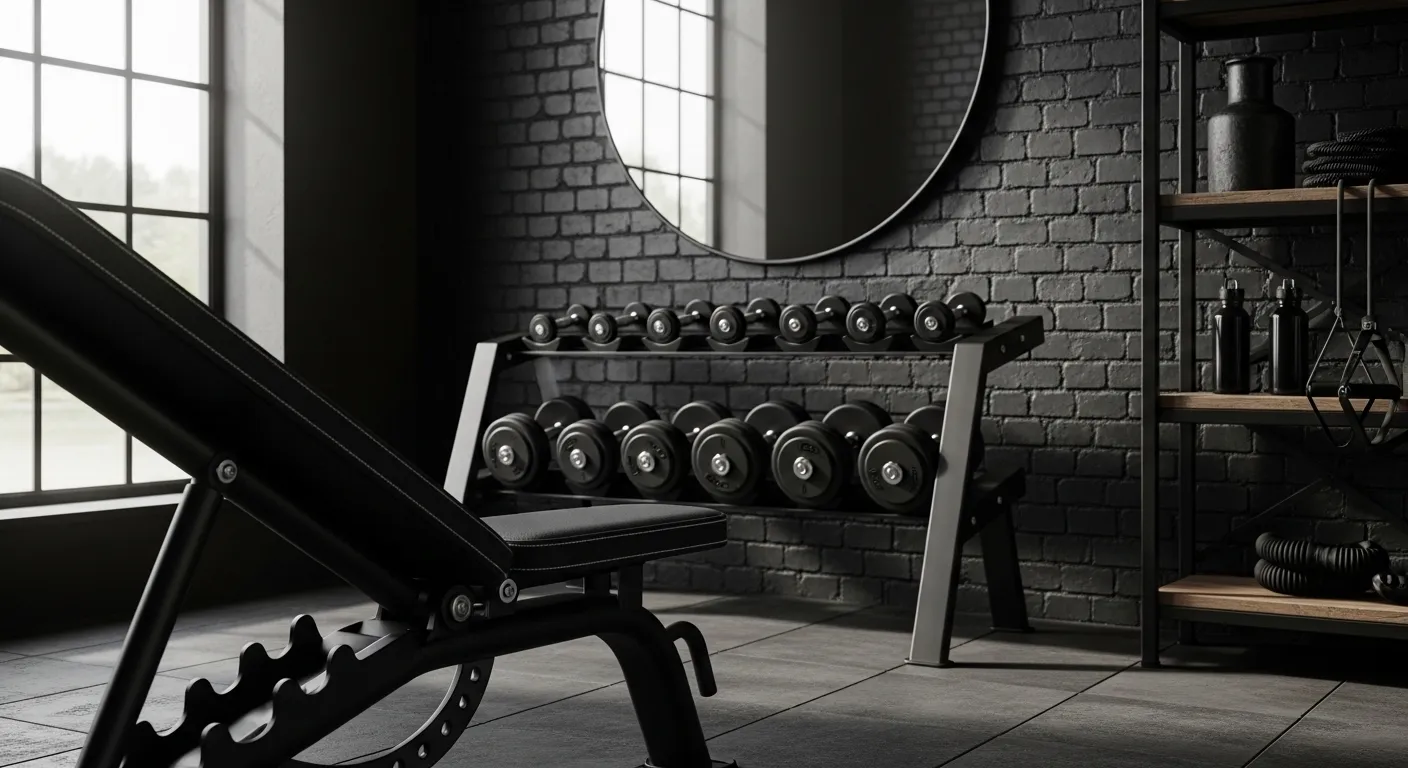 Sleek black home gym interior with industrial metal equipment and moody lighting