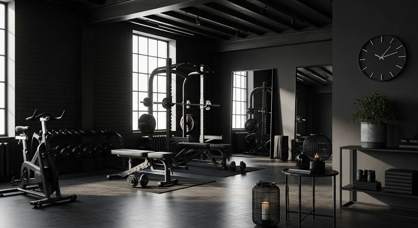Sleek black industrial home gym featuring metal equipment and moody lighting