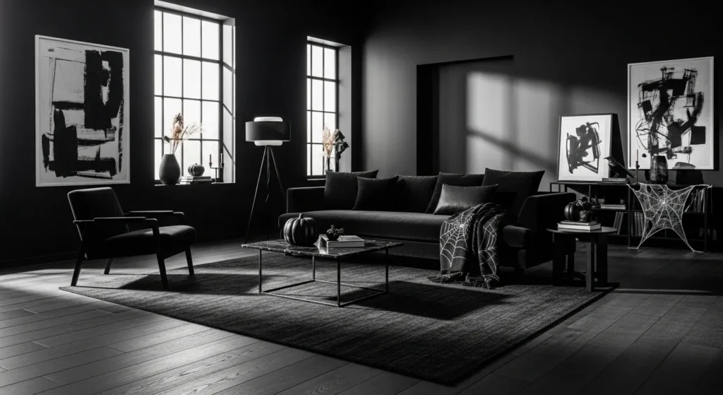 Modern living room featuring matte black walls and sleek charcoal furniture