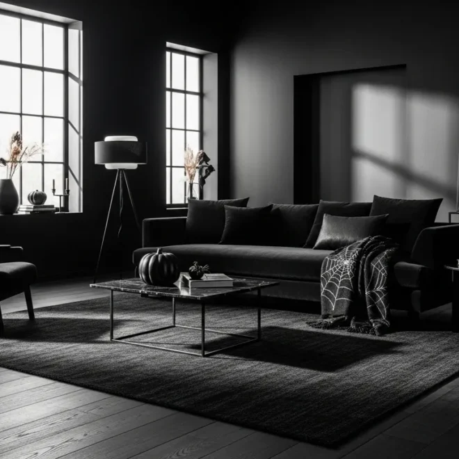 Modern living room featuring matte black walls and sleek charcoal furniture