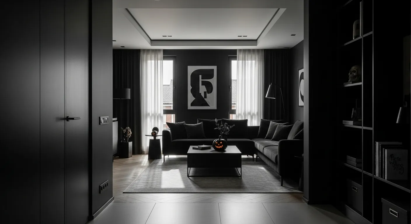 Sleek modern living room featuring matte black walls and contemporary dark furniture