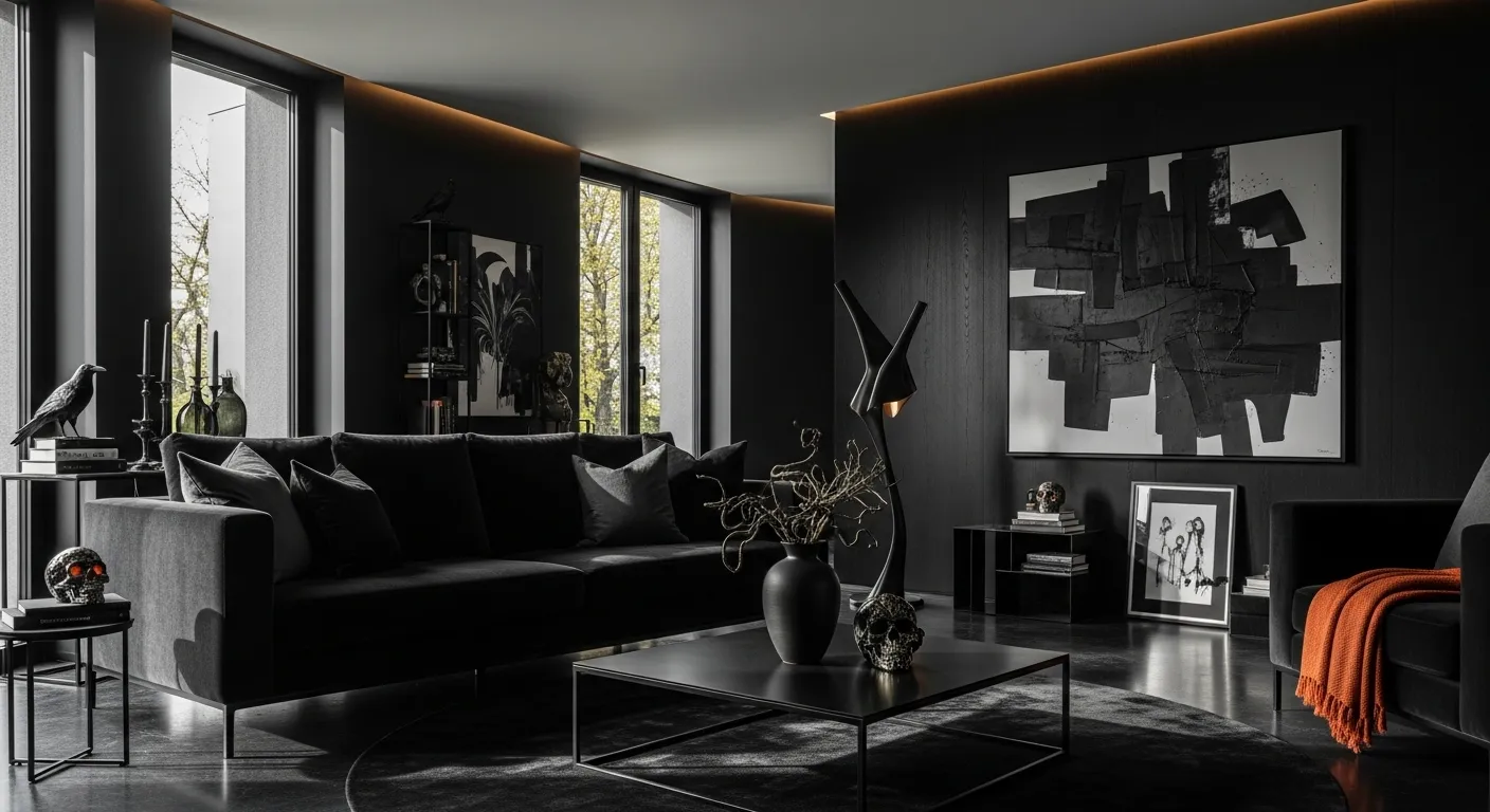 Sleek modern living room featuring matte black walls and contemporary monochrome furniture