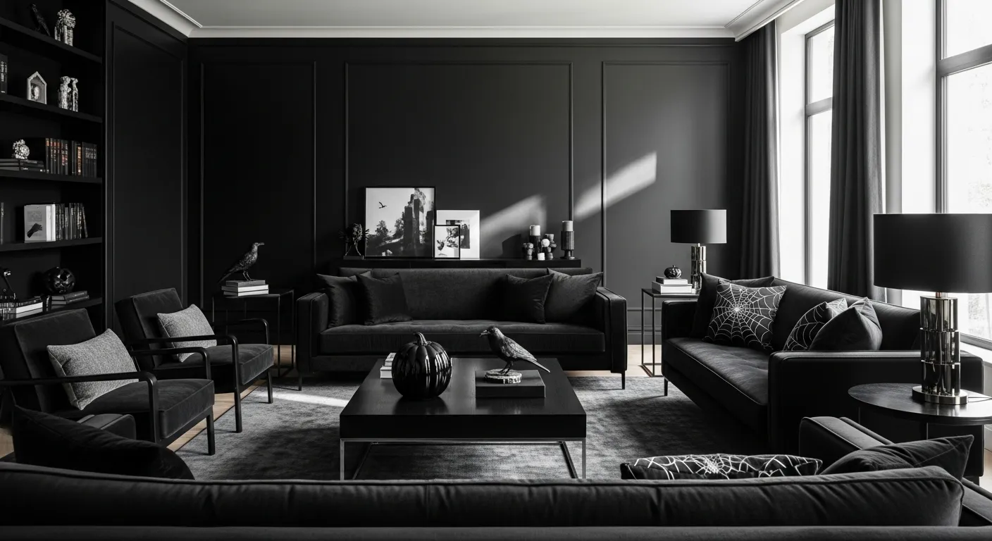 Sleek modern living room with matte black walls and contemporary dark furniture