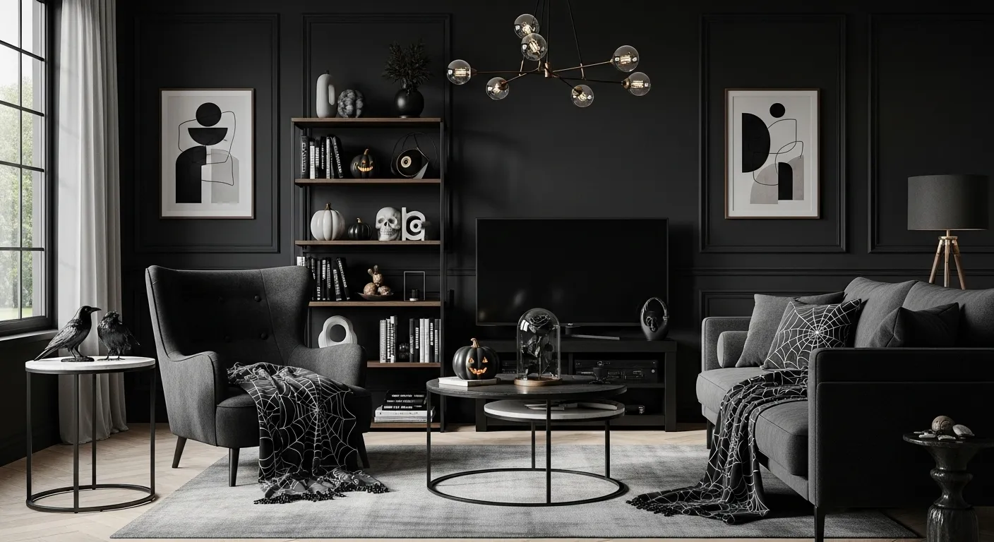 Modern living room featuring matte black walls and sleek contemporary charcoal furniture