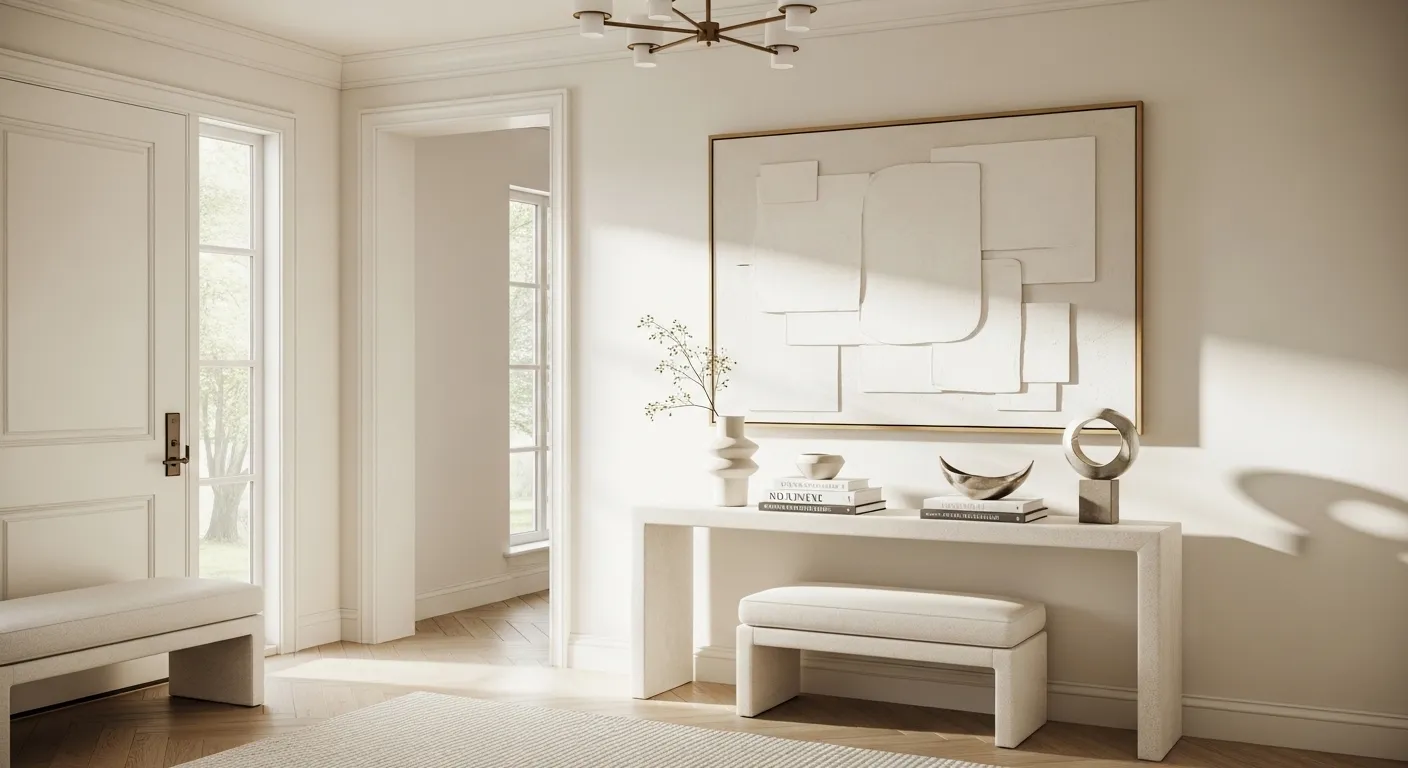 Cream modern entryway with console table, abstract art, bench, and decor