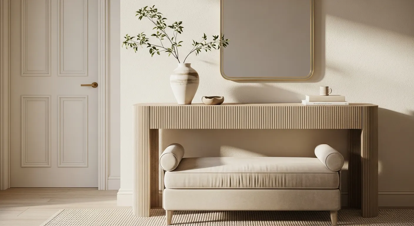 Modern cream entryway with fluted console, upholstered bench, and round mirror
