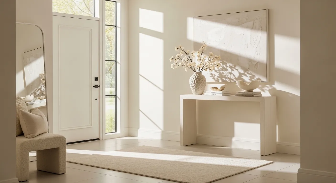 Cream modern entryway with console table, vase branches, and large wall art