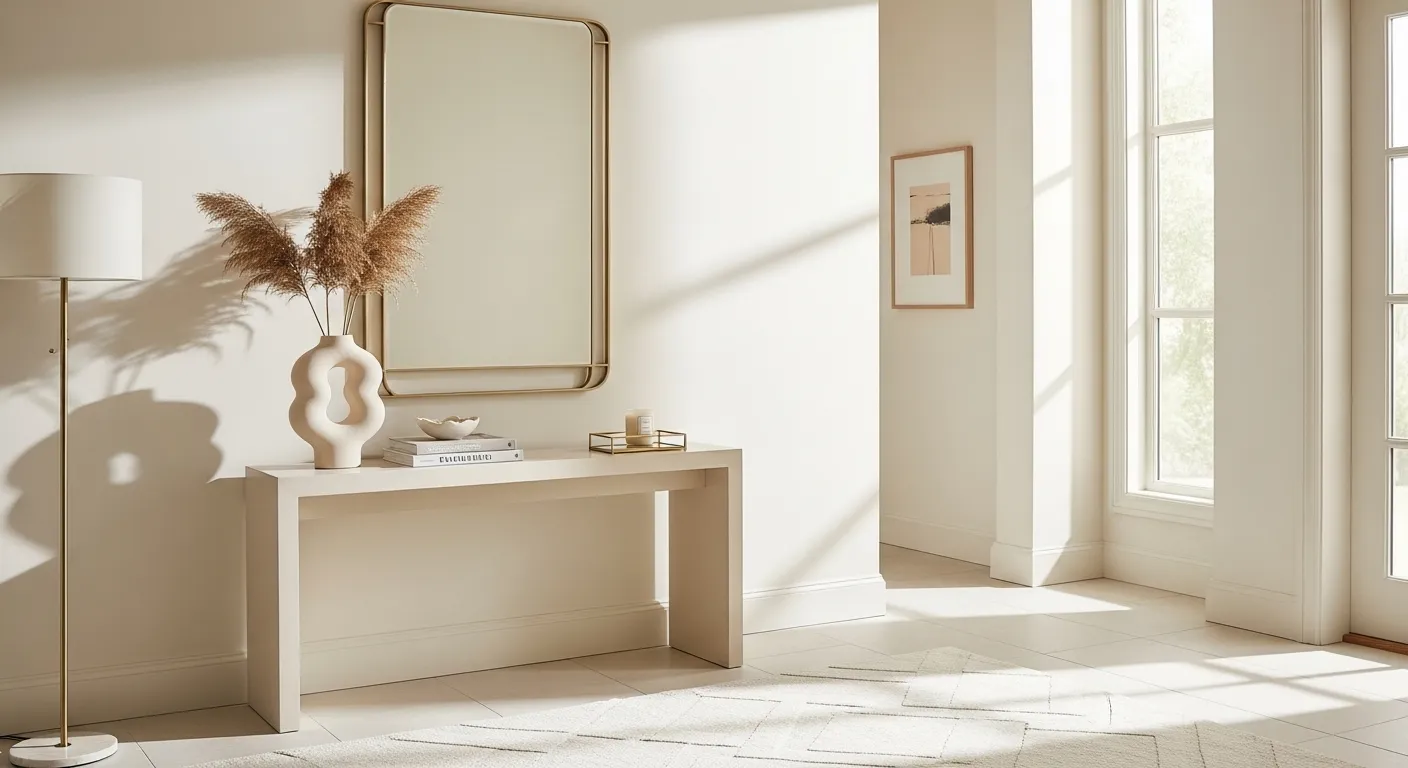 Modern cream entryway with console table, round vase, and gold-framed mirror