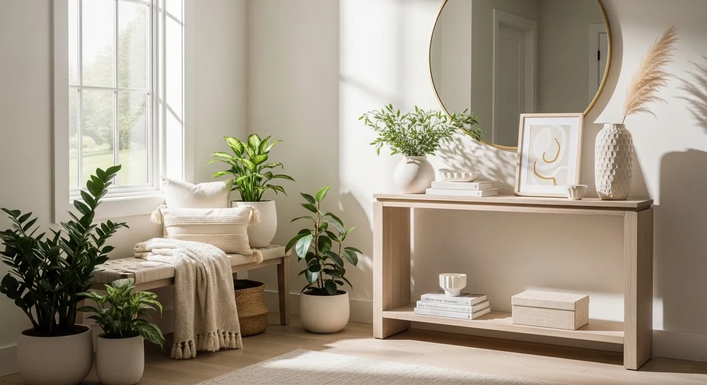 Modern cream entryway with console table, round mirror, plants, bench.