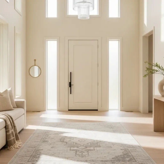 Modern cream entryway with upholstered bench, light wood console, and large rug