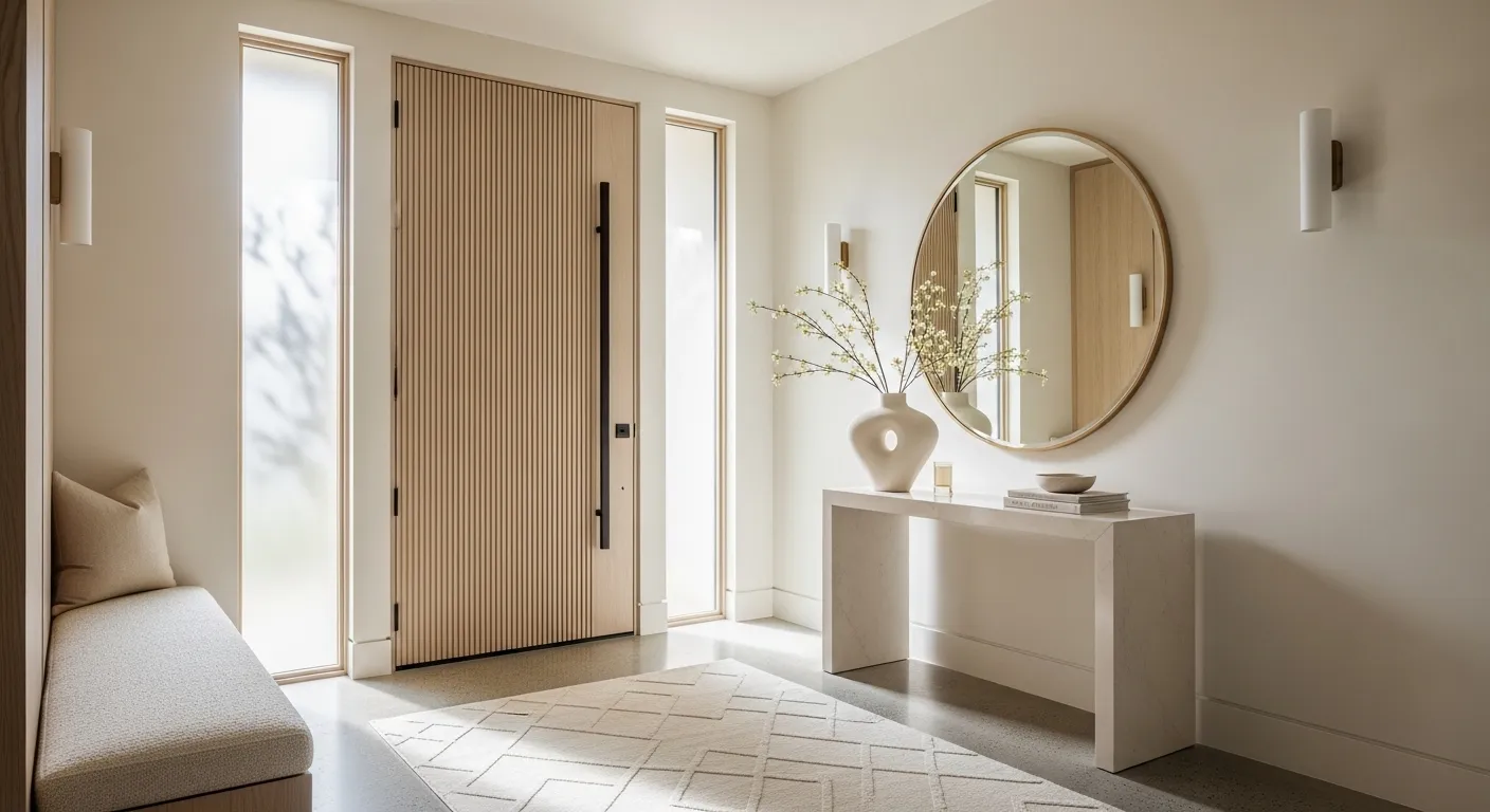 Modern cream entryway with slatted wood door, round mirror, and console table