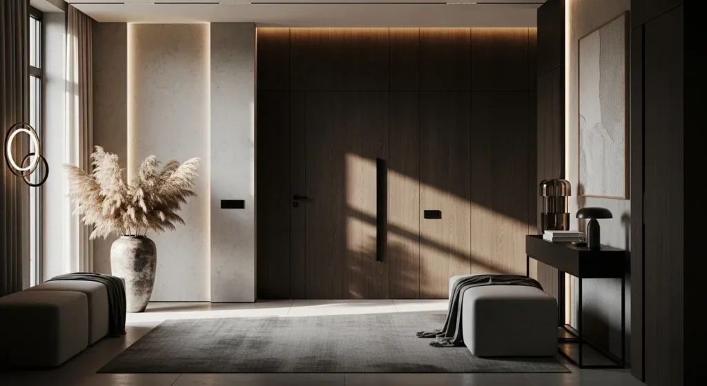 Stylish modern entryway design featuring truffle color palette and elegant decor.