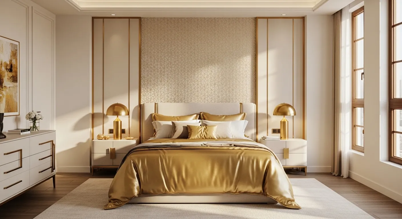 Modern bedroom with gold satin bedding, brass lamps, and cream wall panels