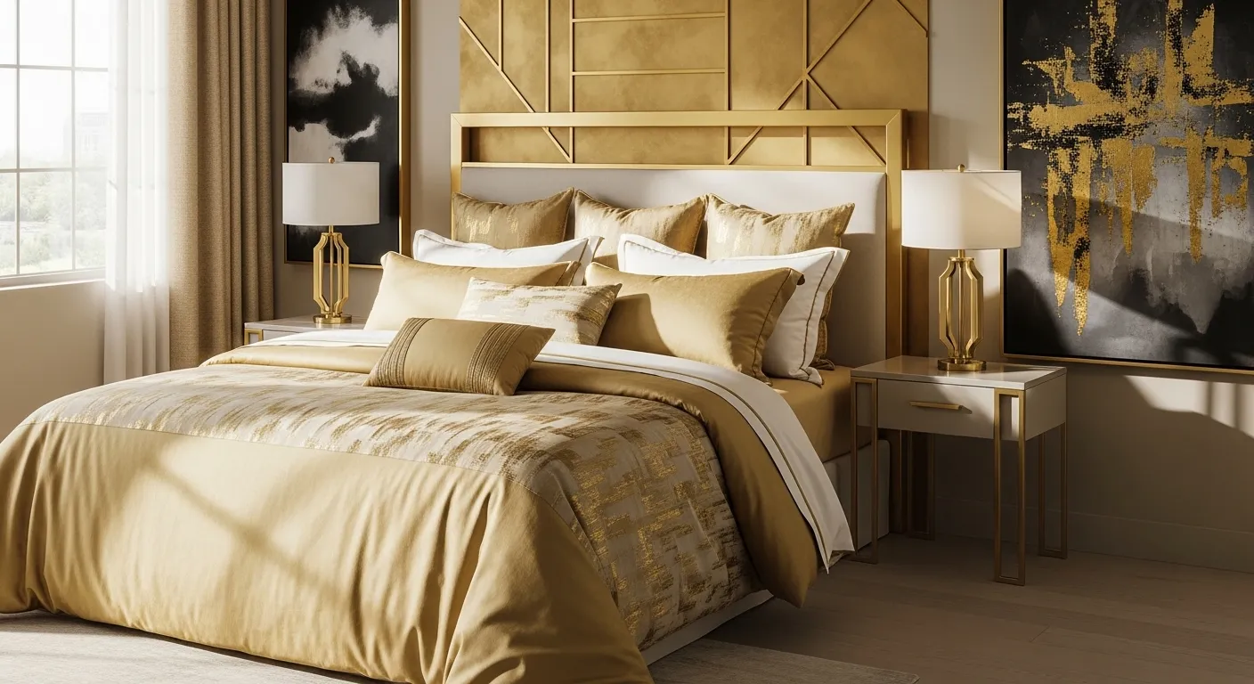 Modern bedroom with gold bedding, geometric headboard, and matching bedside lamps