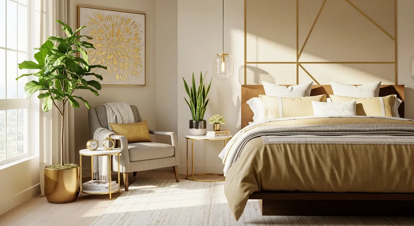 Sunlit modern bedroom with gold accents, neutral bedding, and cozy reading chair