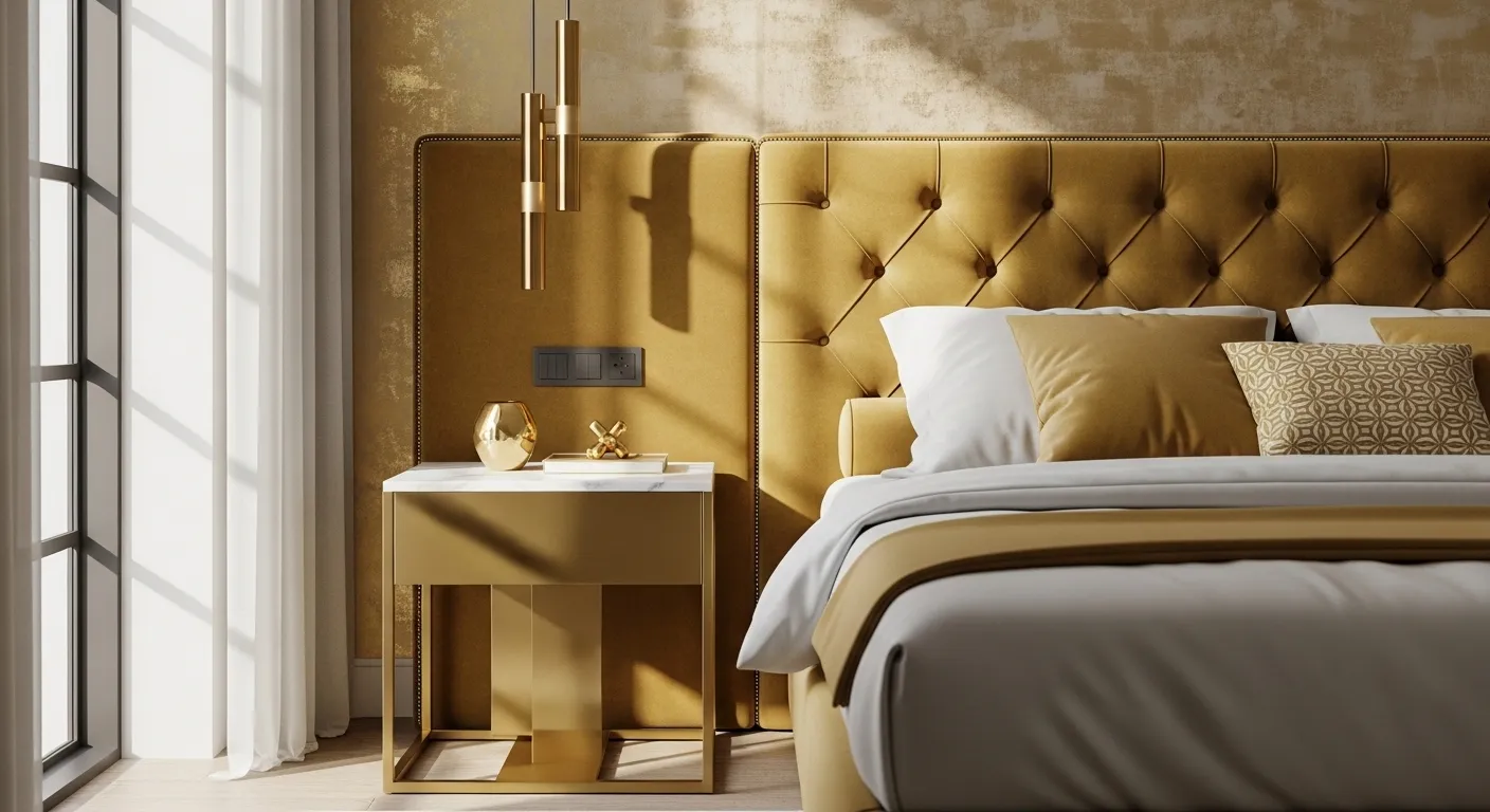 Modern gold bedroom with tufted headboard, brass pendants, and sleek nightstand