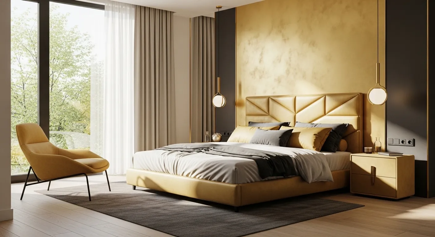 Modern gold bedroom with upholstered bed, pendant lights, and lounge chair