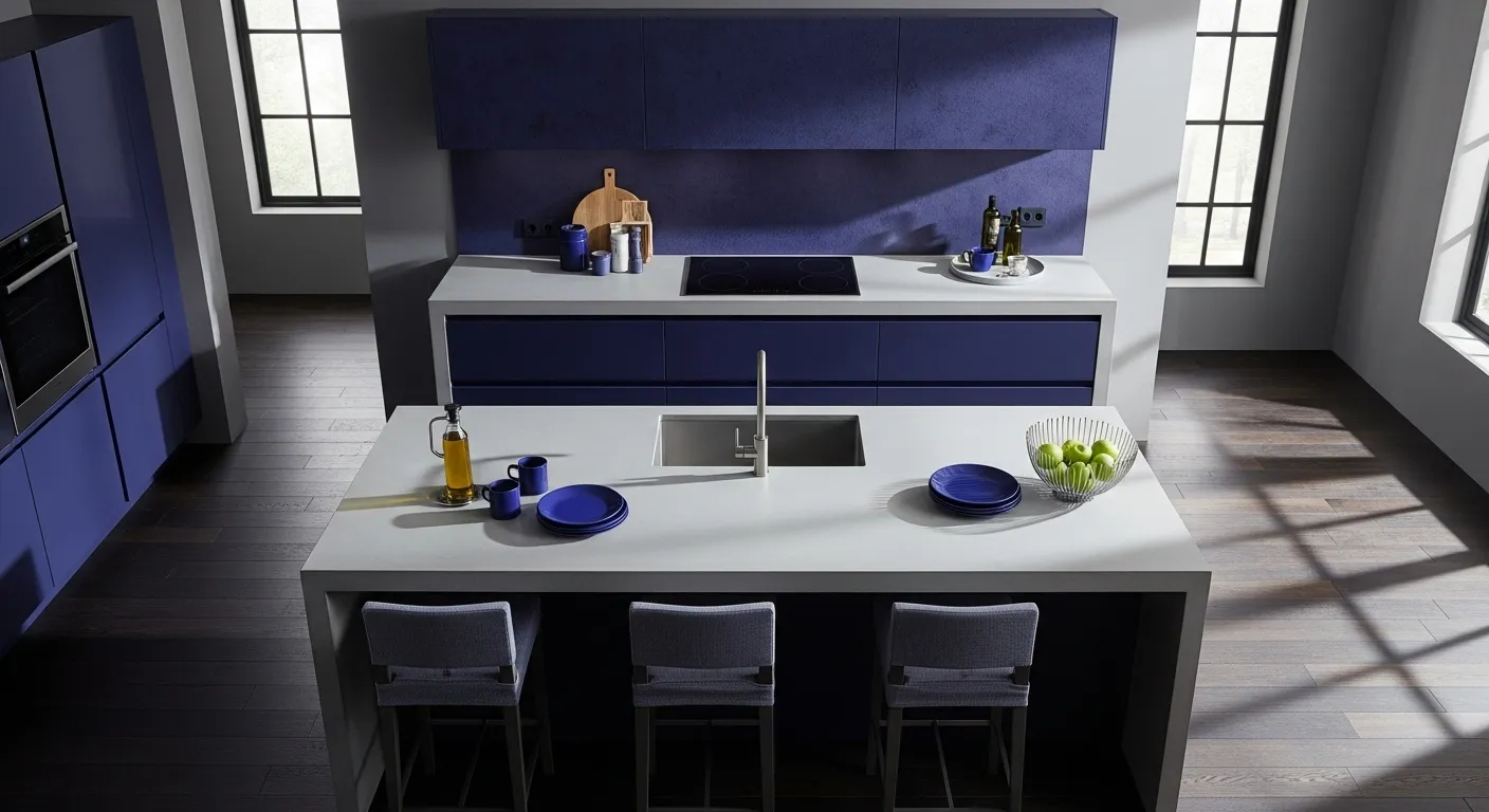 Stylish modern kitchen featuring indigo cabinets and sleek countertops, perfect for everyday use.