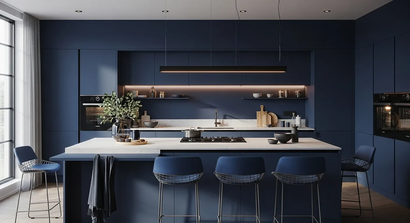 Stylish modern kitchen with indigo cabinetry and bright accents