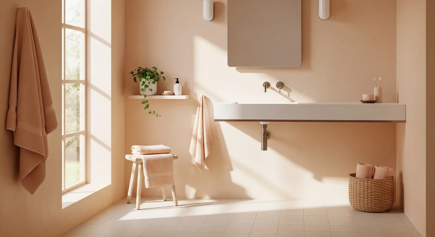 Minimalist styling with textured towels and sleek accessories