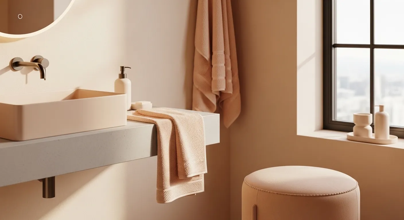 Sleek floating vanity in a creamy peach minimalist bathroom