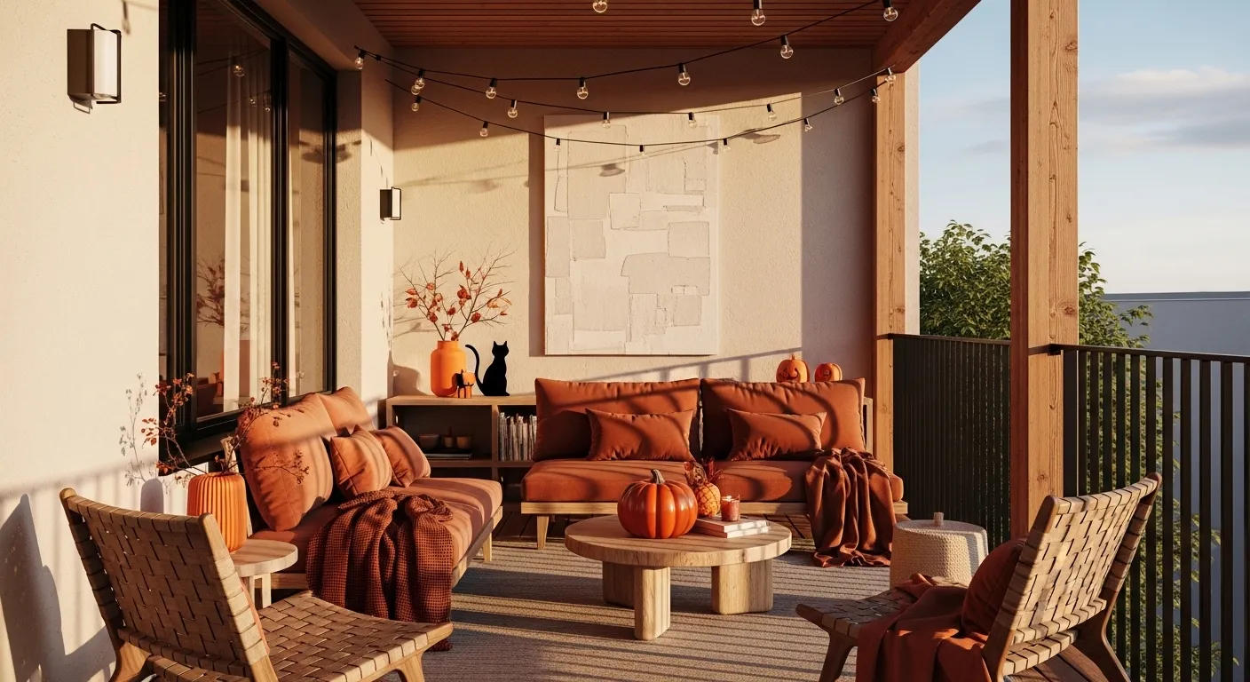 Minimalist Japandi balcony featuring light wood furniture and warm burnt orange accents