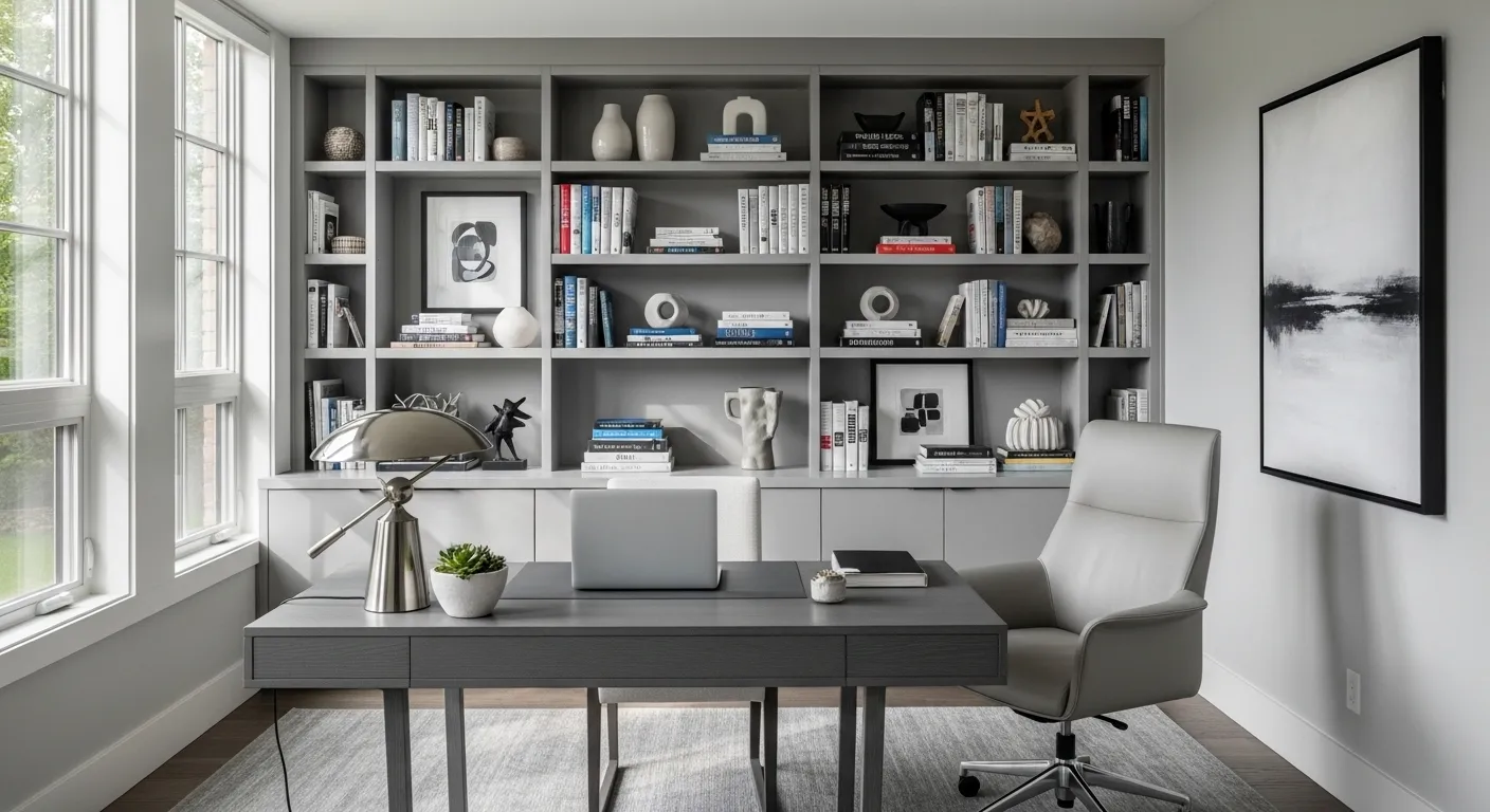 Modern light gray home office with built-in shelves, desk, and chair