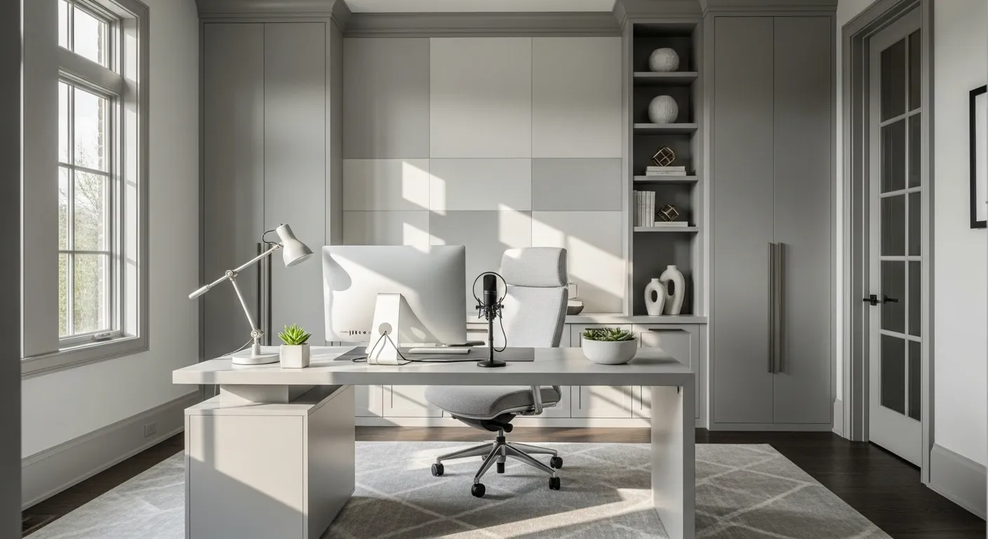 Modern light gray home office with desk, swivel chair, and built-in cabinets
