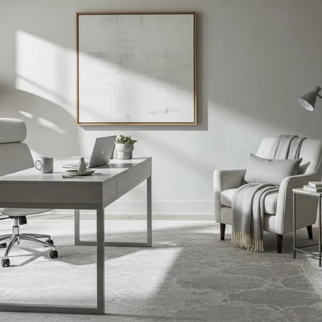 Modern light gray home office with desk, chair, built-ins, and armchair
