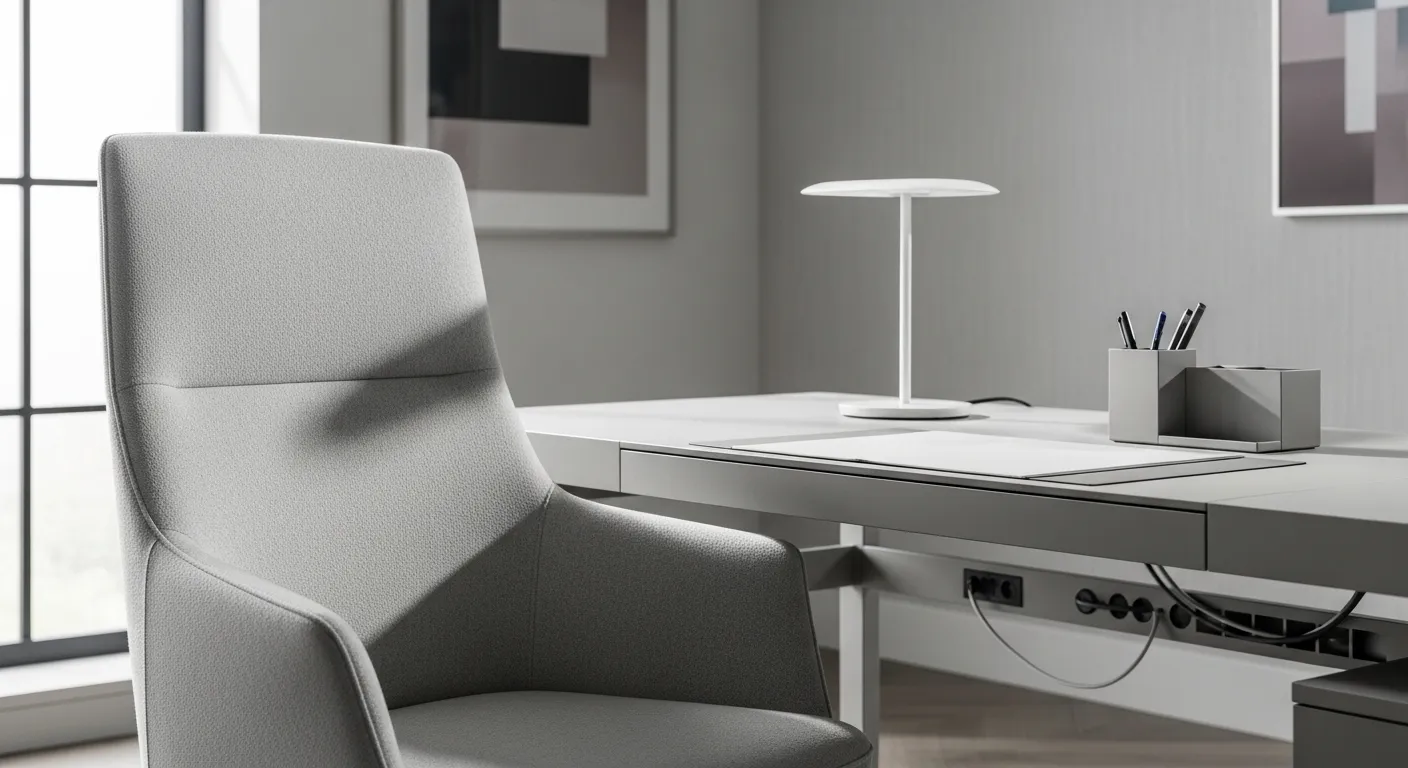 Modern light gray home office with upholstered chair, sleek desk, and lamp