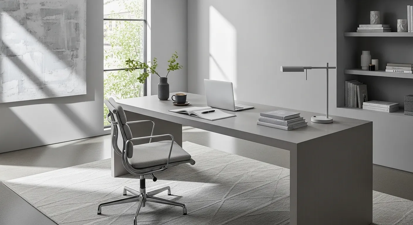 Modern light gray home office with minimalist desk, chair, and shelves