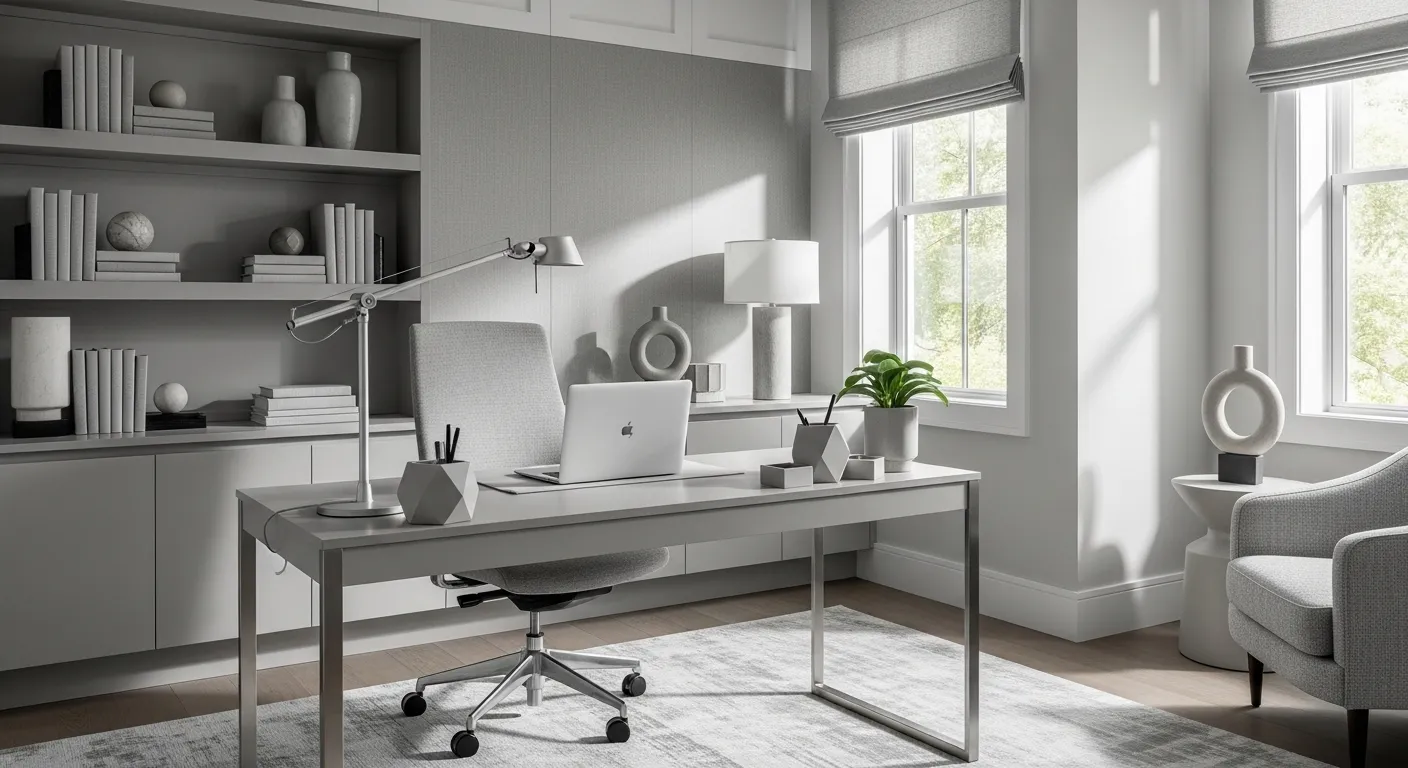 Modern light gray home office with desk, shelves, and bright windows