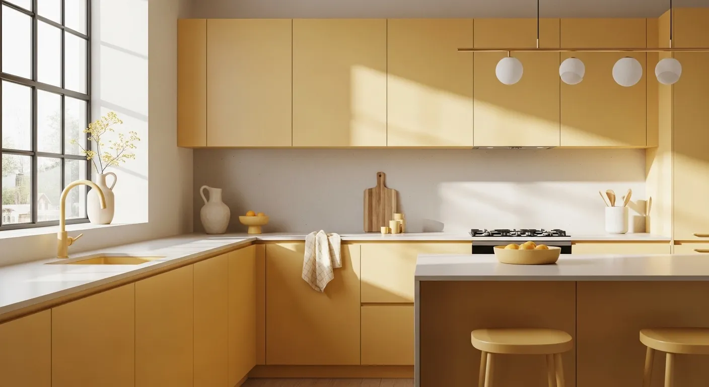 Sleek modern kitchen featuring soft butter yellow cabinetry and clean white countertops