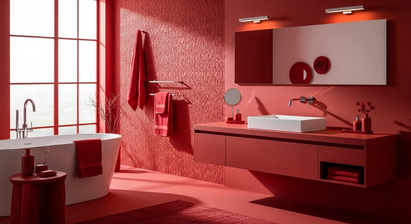 Sleek minimalist bathroom featuring bold red wall tiles and modern white fixtures