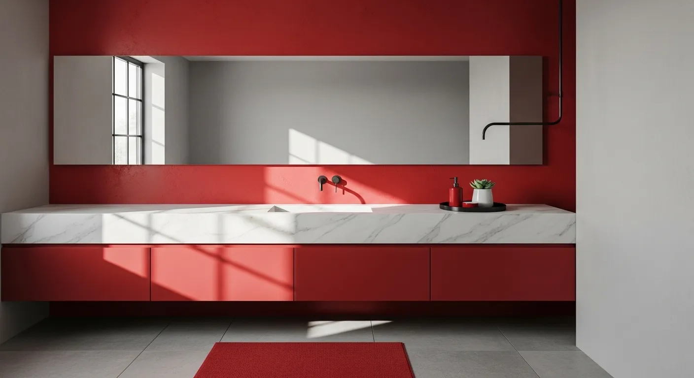 Sleek minimalist bathroom featuring bold red wall tiles and modern fixtures