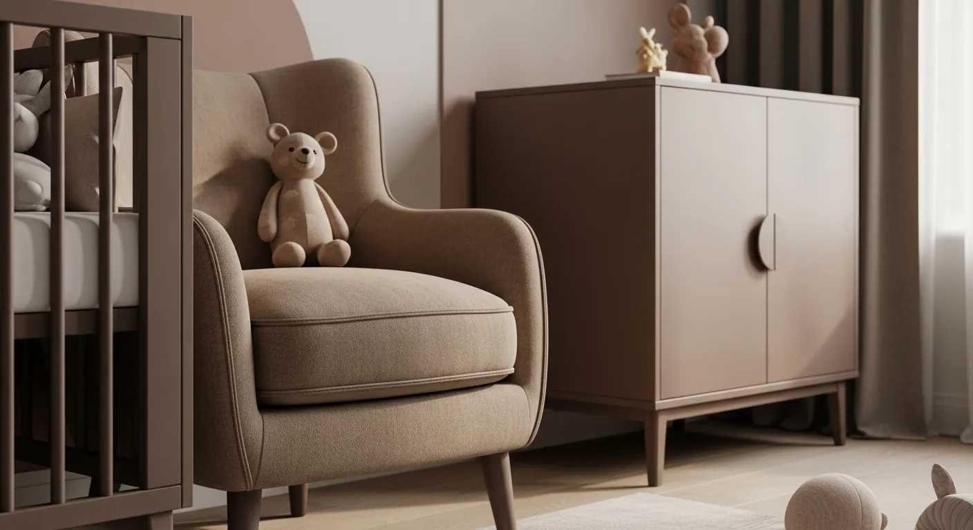 Modern mocha nursery with cozy armchair, crib, and minimalist storage cabinet