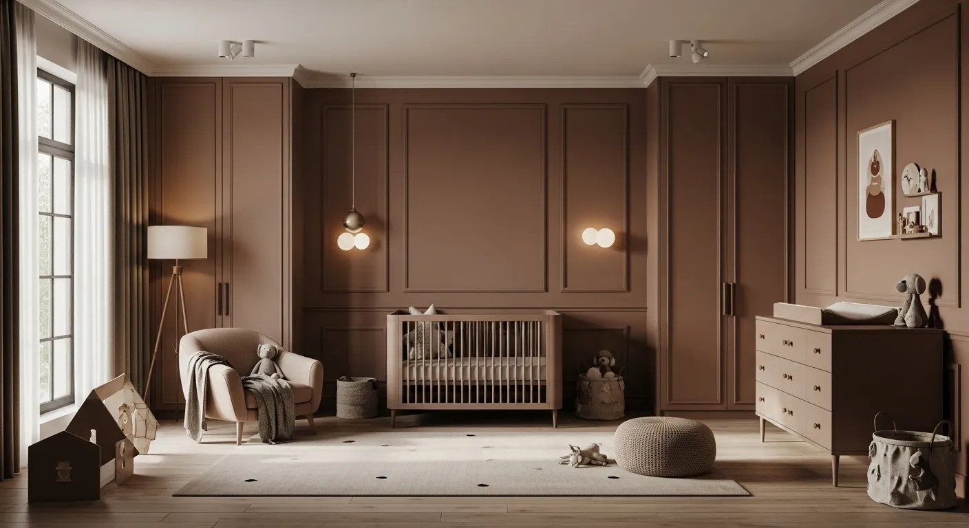 Modern mocha nursery with crib, paneled walls, dresser, and cozy armchair