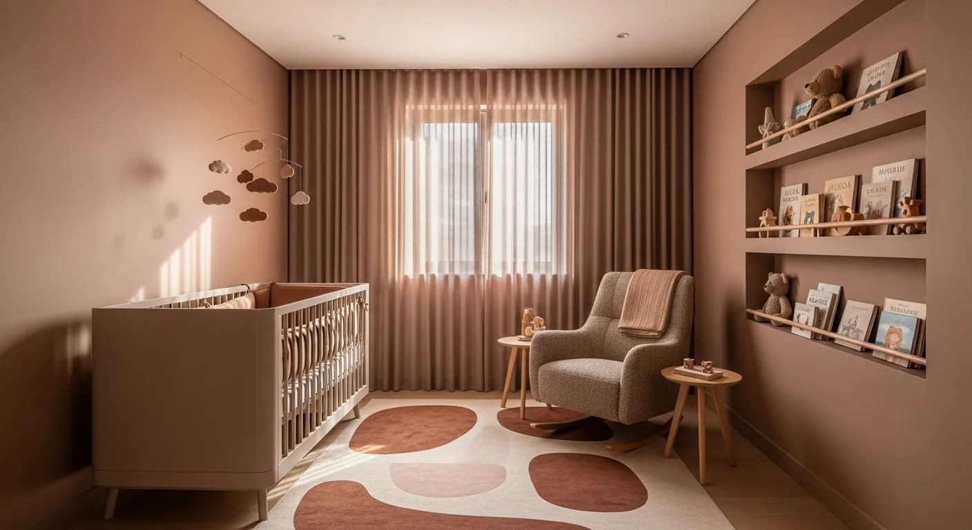 Modern mocha nursery with crib, cozy rocker, built-in shelves, sheer curtains.