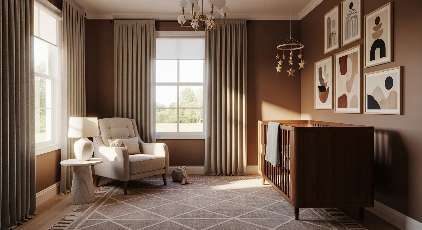 Modern mocha nursery with walnut crib, neutral glider, and soft drapery