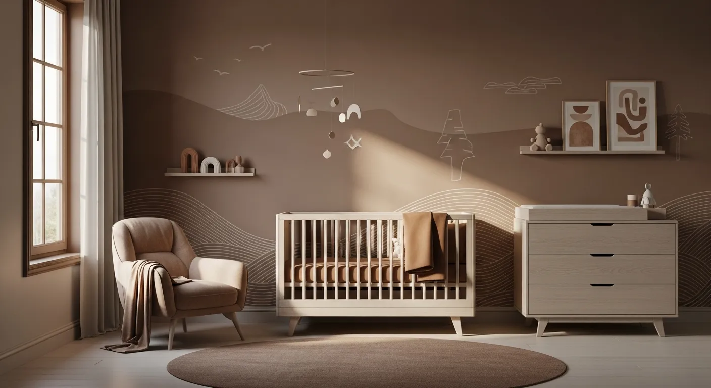 Modern mocha nursery with white crib, dresser, cozy chair, and wall mural.