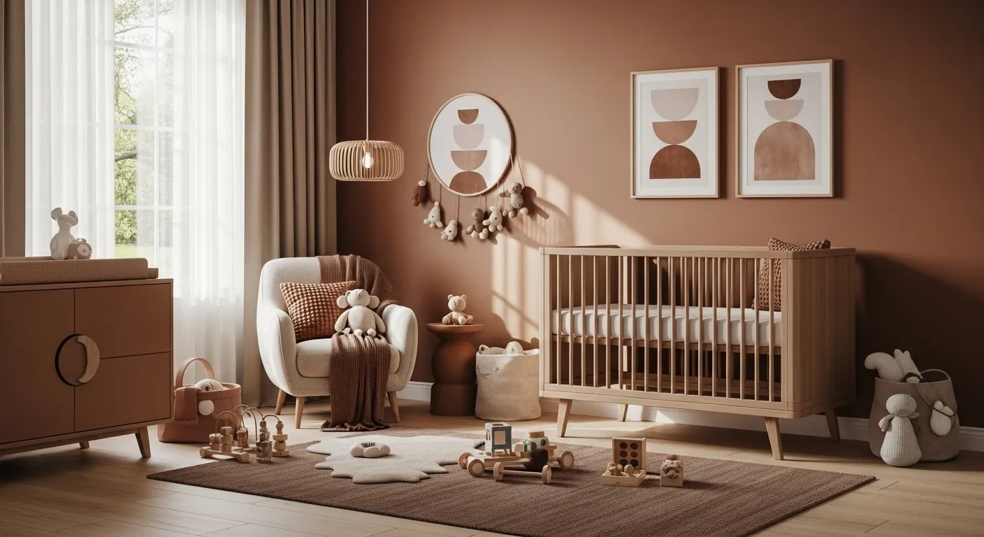 Modern mocha nursery with wood crib, neutral rug, and cozy reading chair