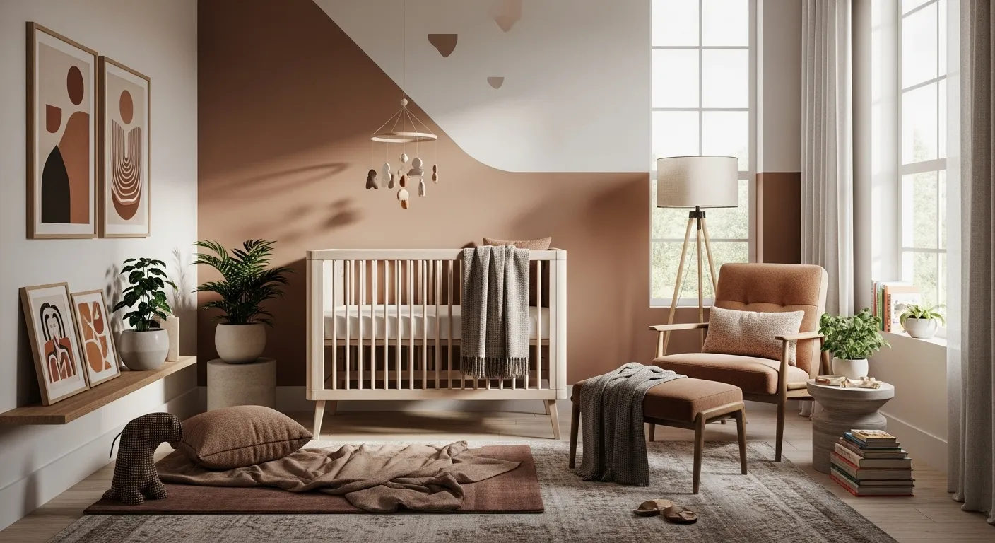 Modern mocha nursery with wood crib, upholstered chair, plants, and soft daylight