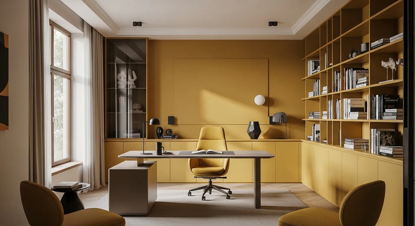Modern mustard home office with built-in shelves, desk, and task lighting.