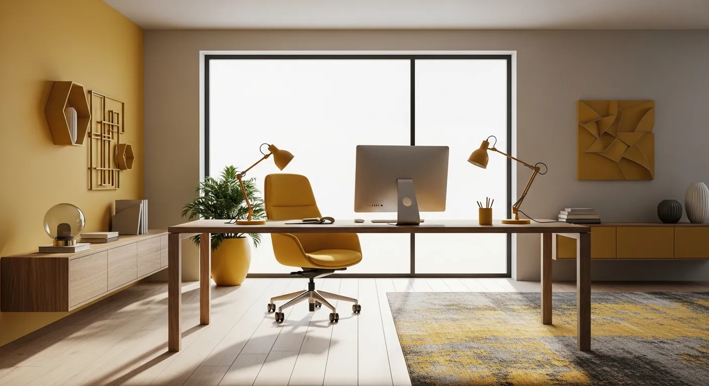 Modern mustard home office with sleek desk, chair, and large window.